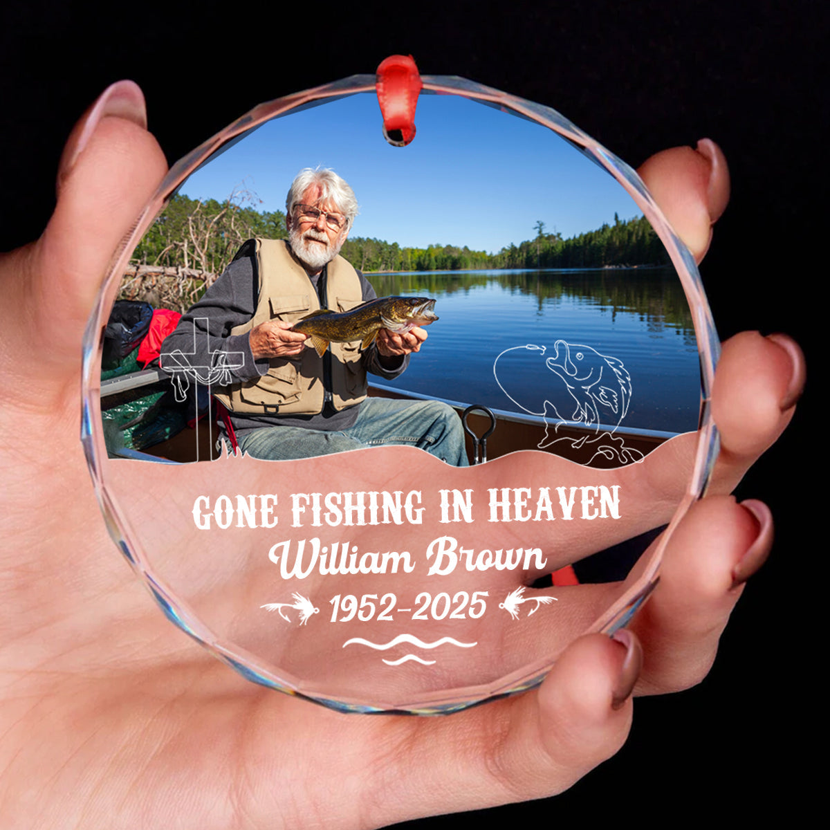 Gone Fishing In Heaven Personalized Glass Ornament, Custom Name and Year
