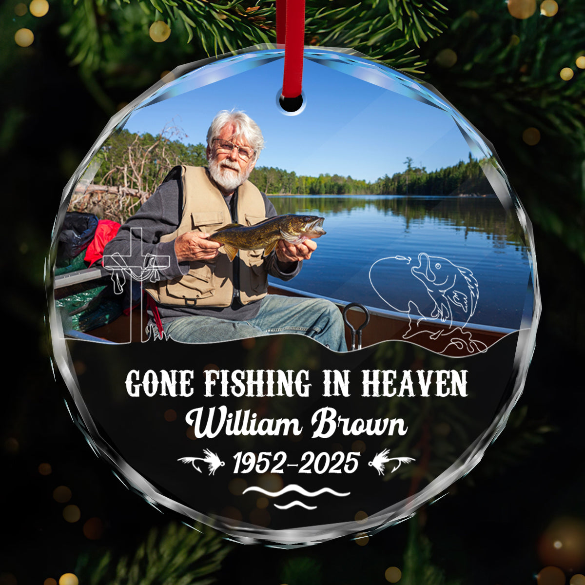 Gone Fishing In Heaven Personalized Glass Ornament, Custom Name and Year