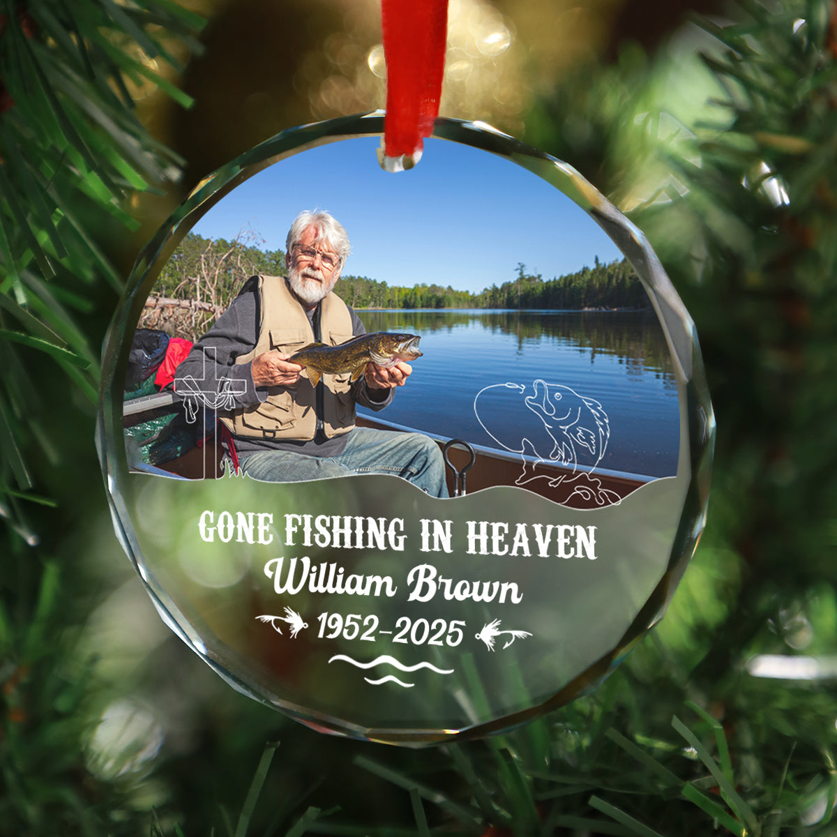 Gone Fishing In Heaven Personalized Glass Ornament, Custom Name and Year