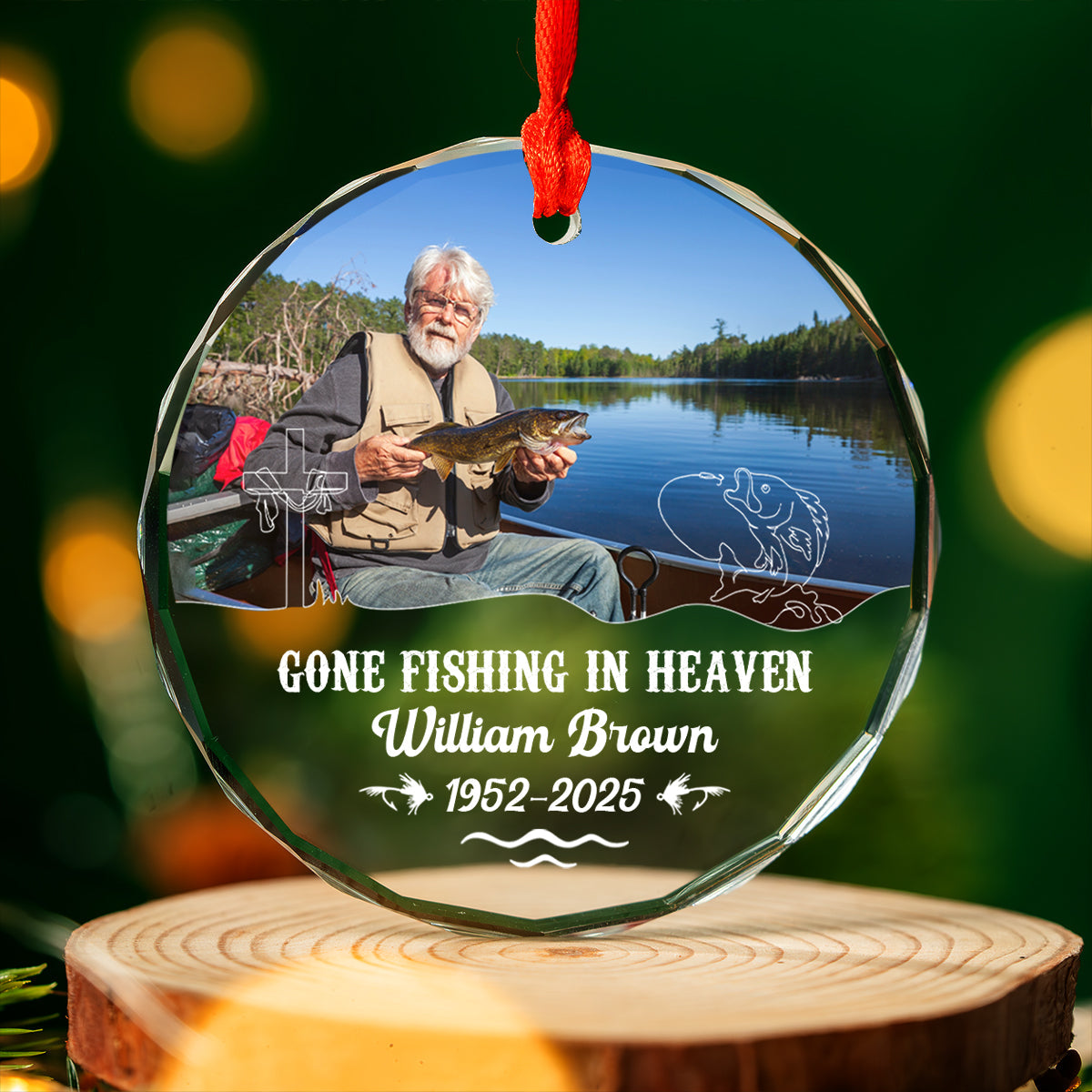 Gone Fishing In Heaven Personalized Glass Ornament, Custom Name and Year