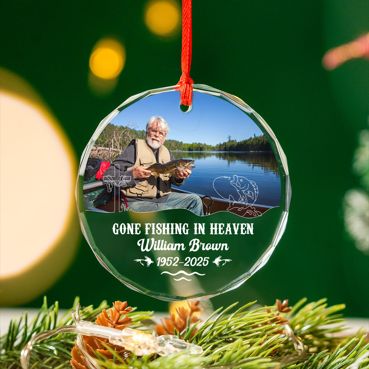 Gone Fishing In Heaven Personalized Glass Ornament, Custom Name and Year