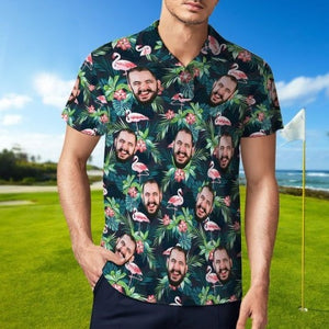 Men's Custom Face POLO Shirt Personalized Golf Shirts For Him Flamingo Flower, Gift For Father