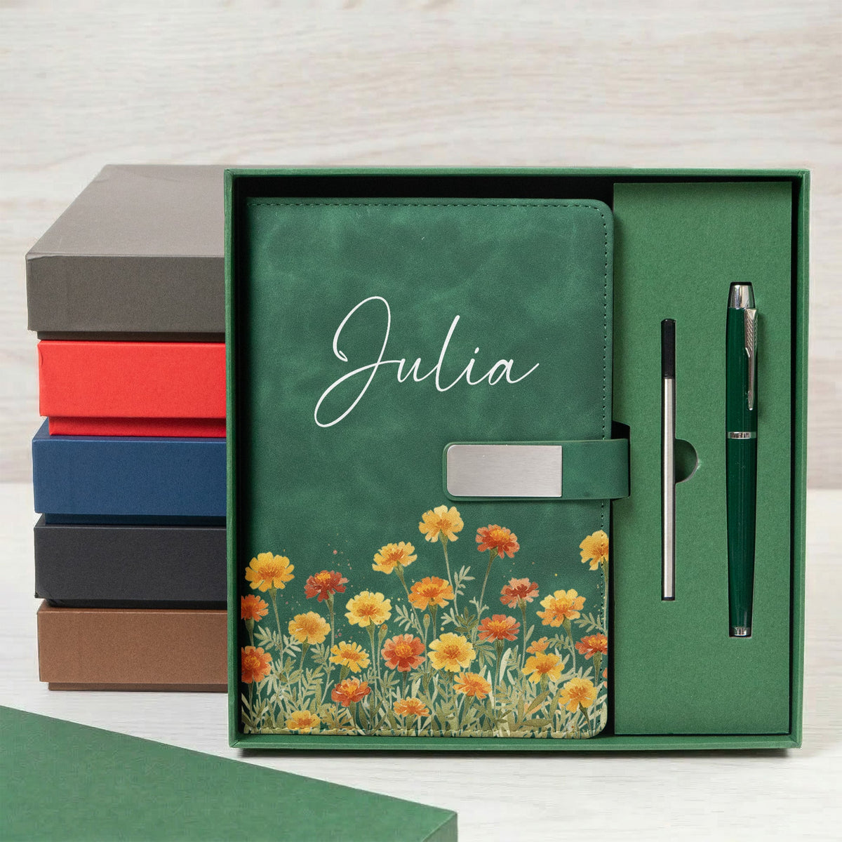 Custom Birth Flower & Name For Her, Wife, Daughter, Sister - Personalized Notebook Set