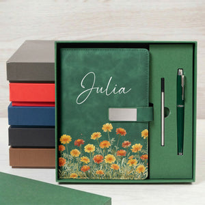 Custom Birth Flower & Name For Her, Wife, Daughter, Sister - Personalized Notebook Set