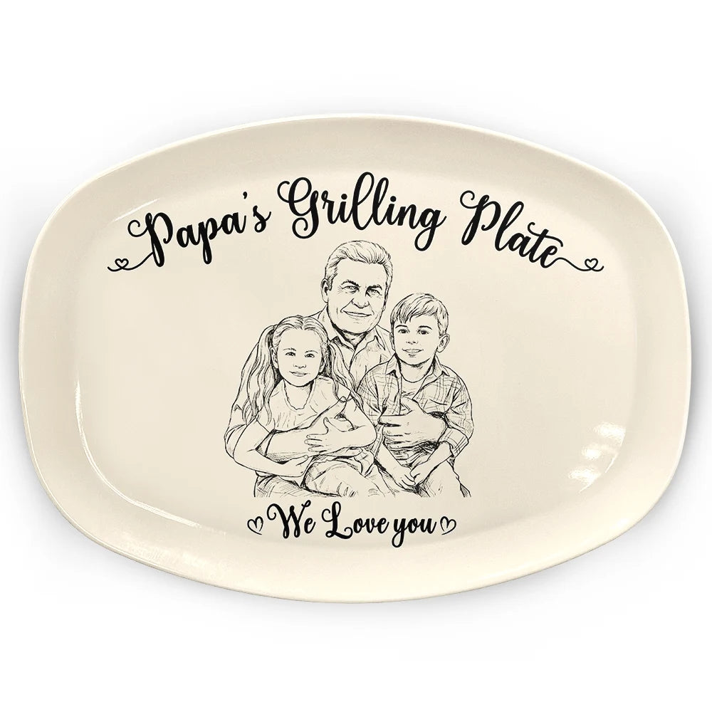 Custom Photo Pencil Sketch Dad's Grilling Plate - Personalized Plate