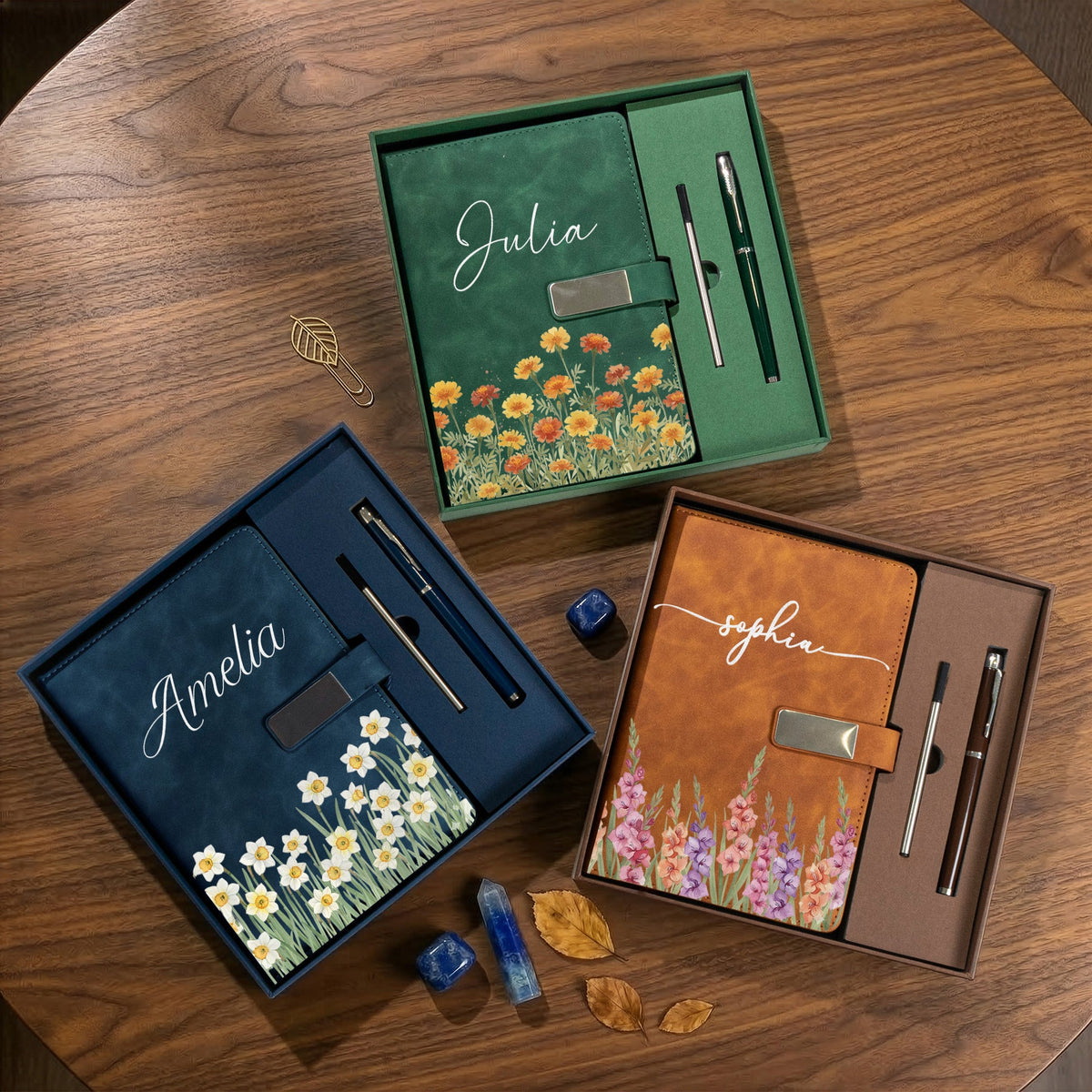 Custom Birth Flower & Name For Her, Wife, Daughter, Sister - Personalized Notebook Set