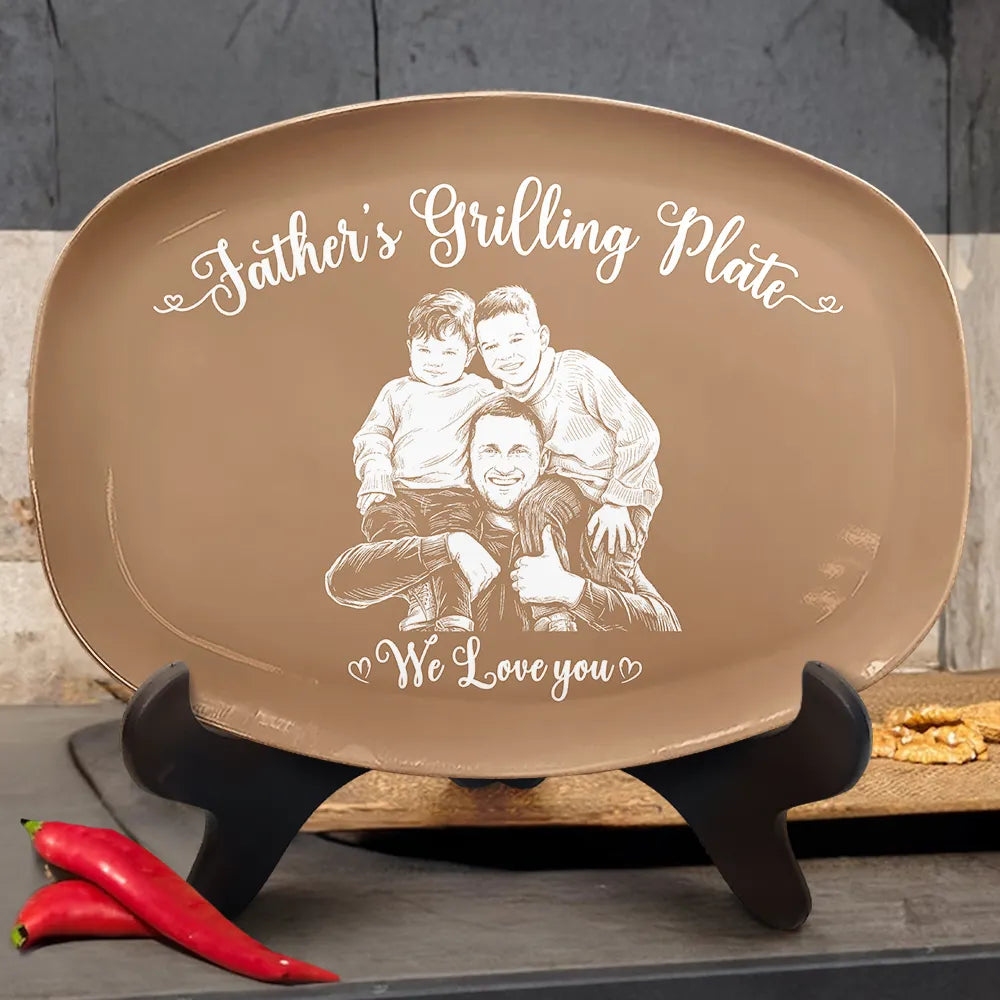 Custom Photo Pencil Sketch Dad's Grilling Plate - Personalized Plate