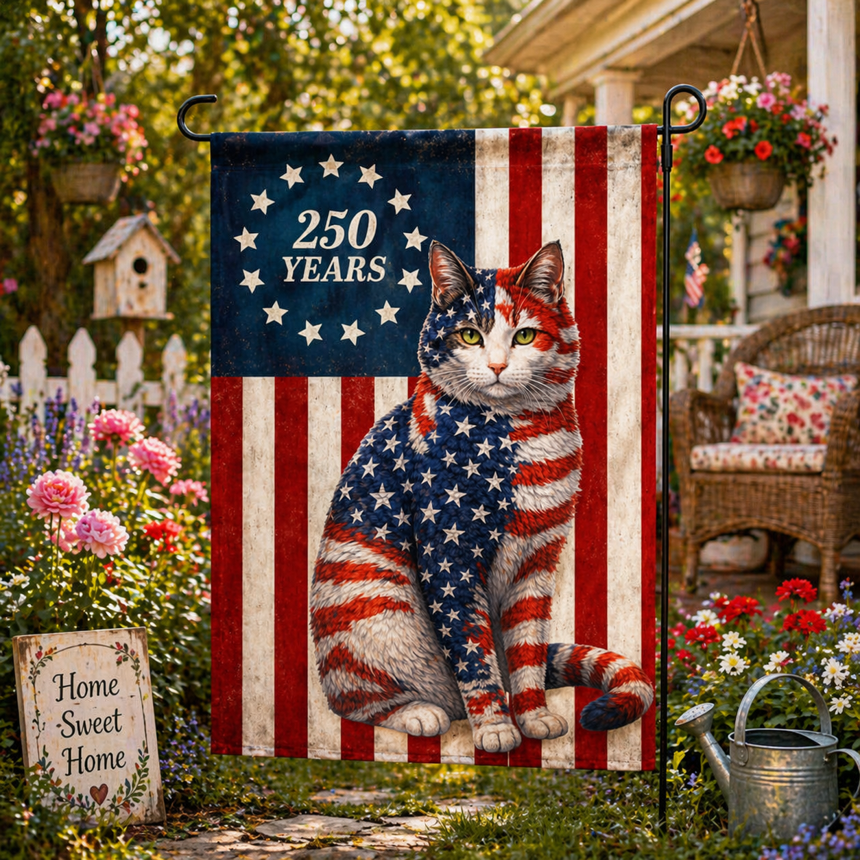 Patriotic Cat Garden Flag, 250 Years Anniversary Flag Decor for Cat Lover Custom Cat Photo Flag 250th Anniversary Flag