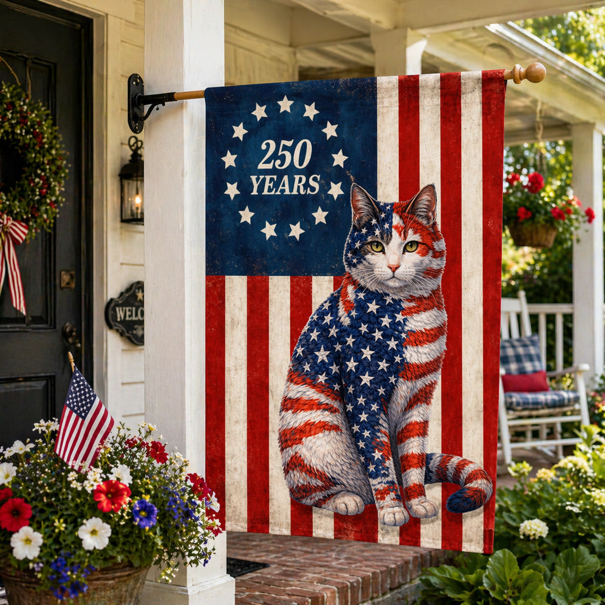 Patriotic Cat Garden Flag, 250 Years Anniversary Flag Decor for Cat Lover Custom Cat Photo Flag 250th Anniversary Flag