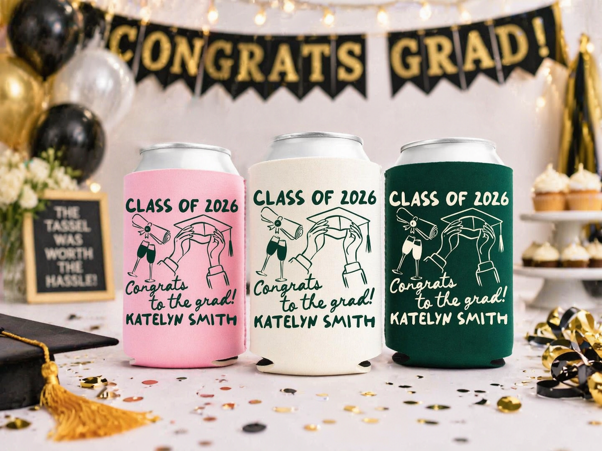 Congrats To The Grad Graduation Can Cooler - Custom College Graduation Party Favors - Personalized Cozies in Regular and Slim Size