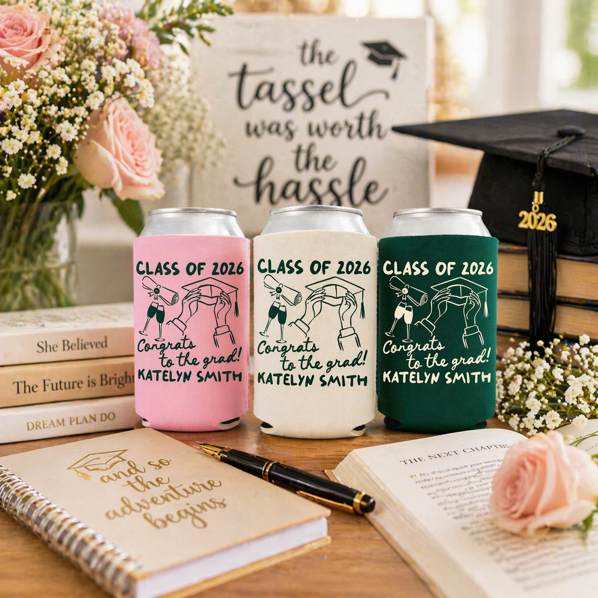 Congrats To The Grad Graduation Can Cooler - Custom College Graduation Party Favors - Personalized Cozies in Regular and Slim Size