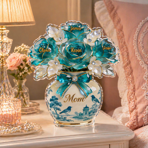 Custom Mother's Day Gift, Toile de Jouy Flower Bouquet Mom 3D Effect, Gift for Grandma, Personalized Flat Acrylic Block Plaque