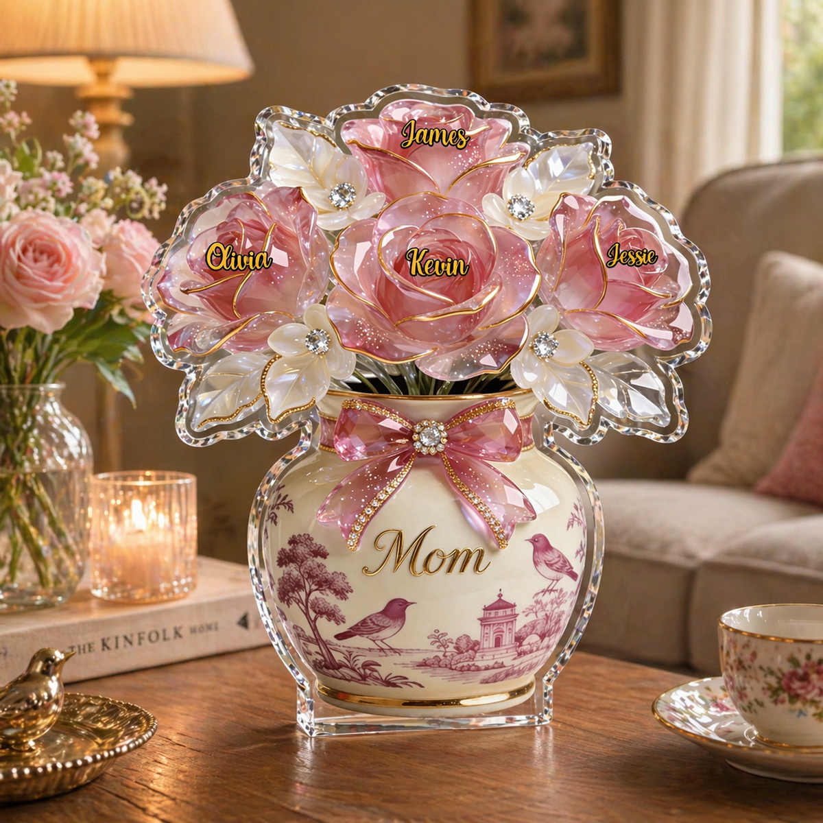 Custom Mother's Day Gift, Toile de Jouy Flower Bouquet Mom 3D Effect, Gift for Grandma, Personalized Flat Acrylic Block Plaque