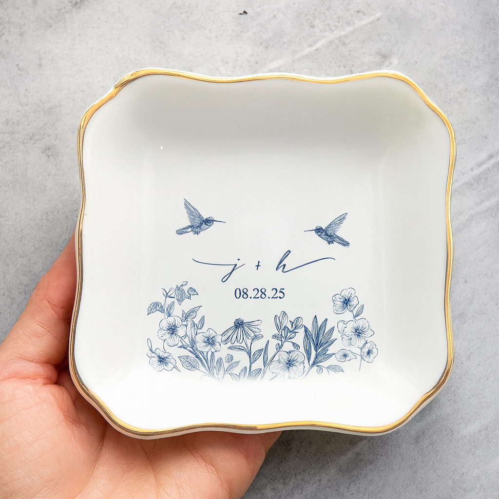 Custom Engaged Ceramic Jewelry Plate , Toile De Jouy Engagement Keepsake, Engagement Gift, Anniversary Wedding Gift Couple, Bridal Shower Gift