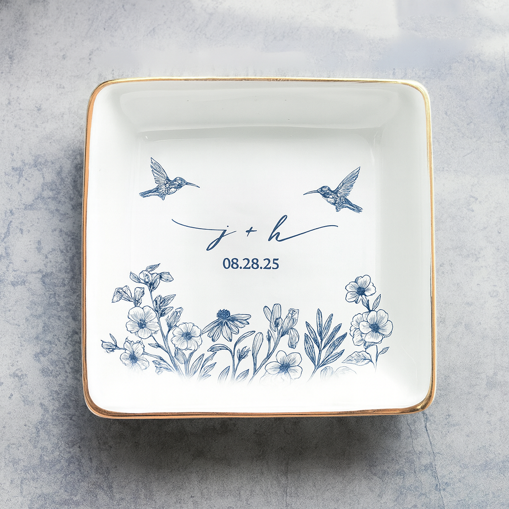 Custom Engaged Ceramic Jewelry Plate , Toile De Jouy Engagement Keepsake, Engagement Gift, Anniversary Wedding Gift Couple, Bridal Shower Gift