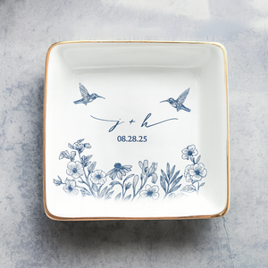 Custom Engaged Ceramic Jewelry Plate , Toile De Jouy Engagement Keepsake, Engagement Gift, Anniversary Wedding Gift Couple, Bridal Shower Gift