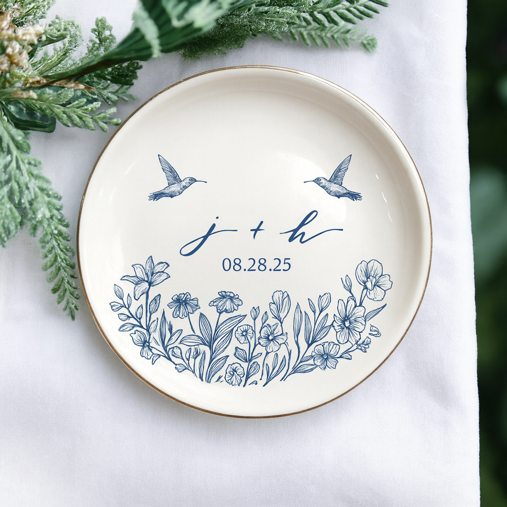 Custom Engaged Ceramic Jewelry Plate , Toile De Jouy Engagement Keepsake, Engagement Gift, Anniversary Wedding Gift Couple, Bridal Shower Gift