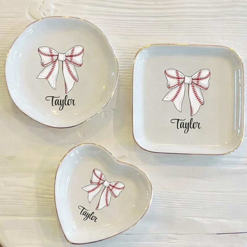 Personalized Baseball Bow Ring Trinket Dish | Girls Baseball Team Gift | Baseball Jewelry Dish | Gift for Her