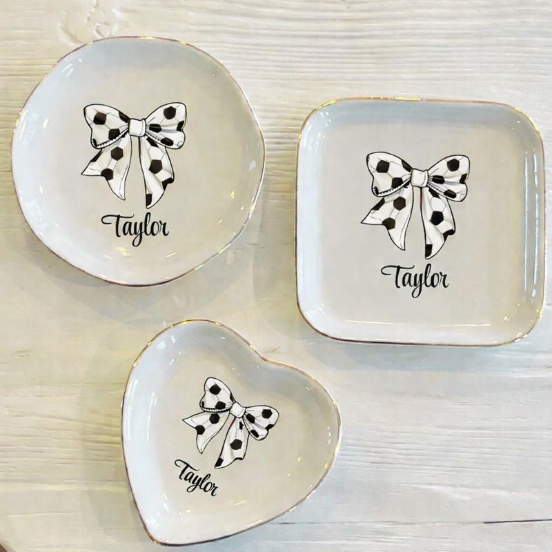 Personalized Soccer Bow Ring Trinket Dish | Girls Soccer Team Gift | Soccer Jewelry Dish | Gift for Her