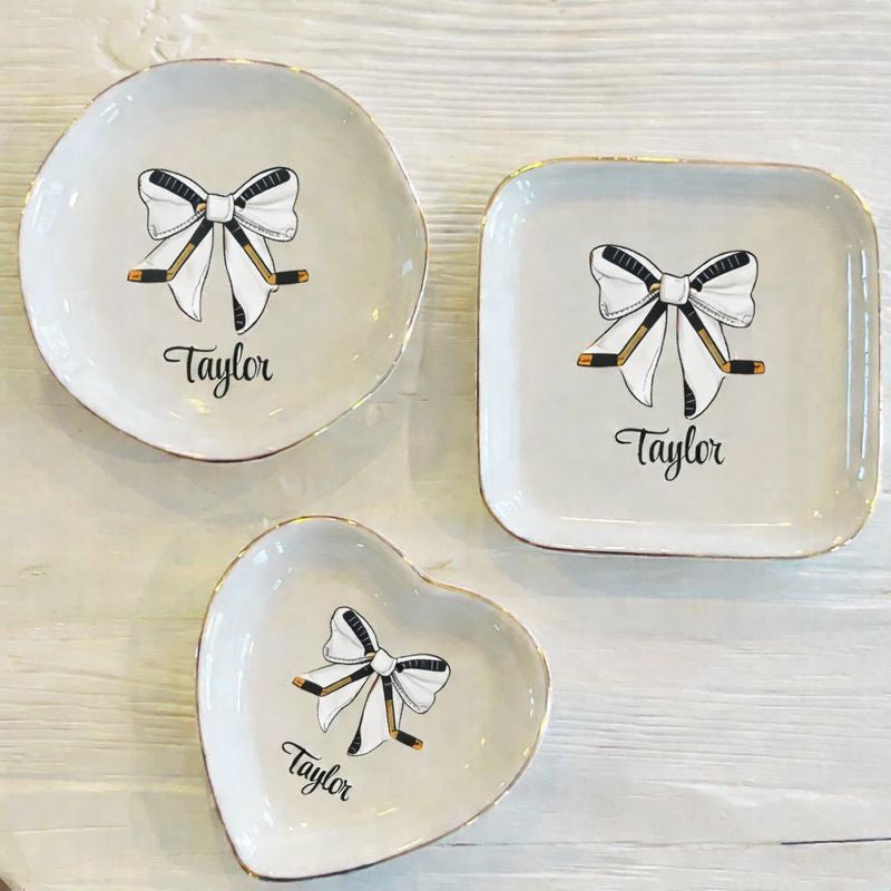 Personalized Hockey Bow Ring Trinket Dish | Girls Hockey Team Gift | Hockey Jewelry Dish | Gift for Her