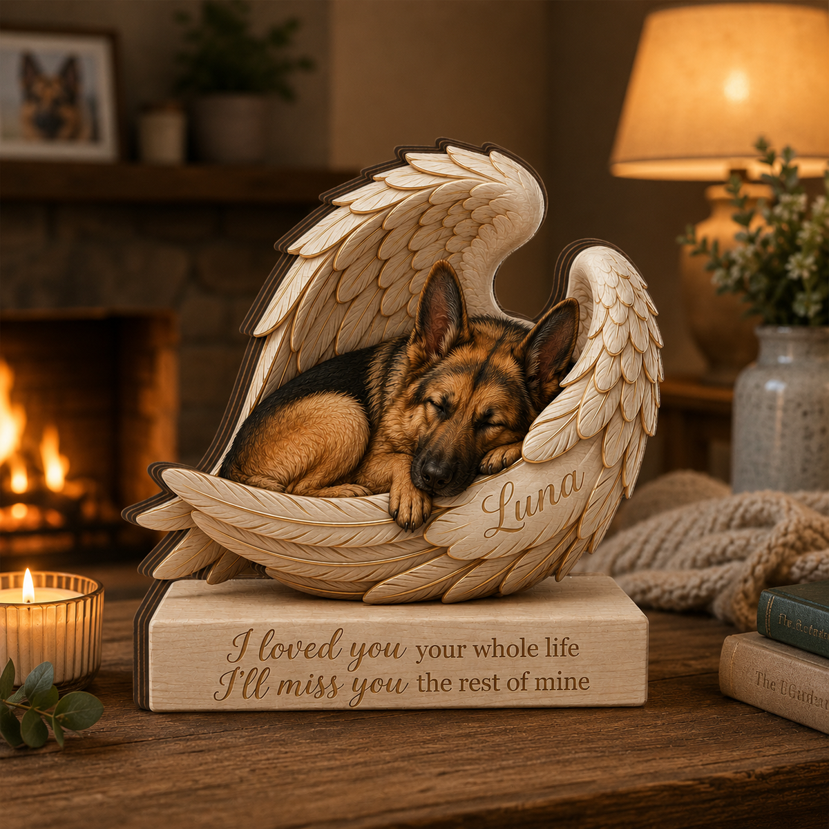 Personalized Wood German Shephed Memorial Block: Custom Angel Wing Dog Portrait Stand, Pet Sympathy Gift
