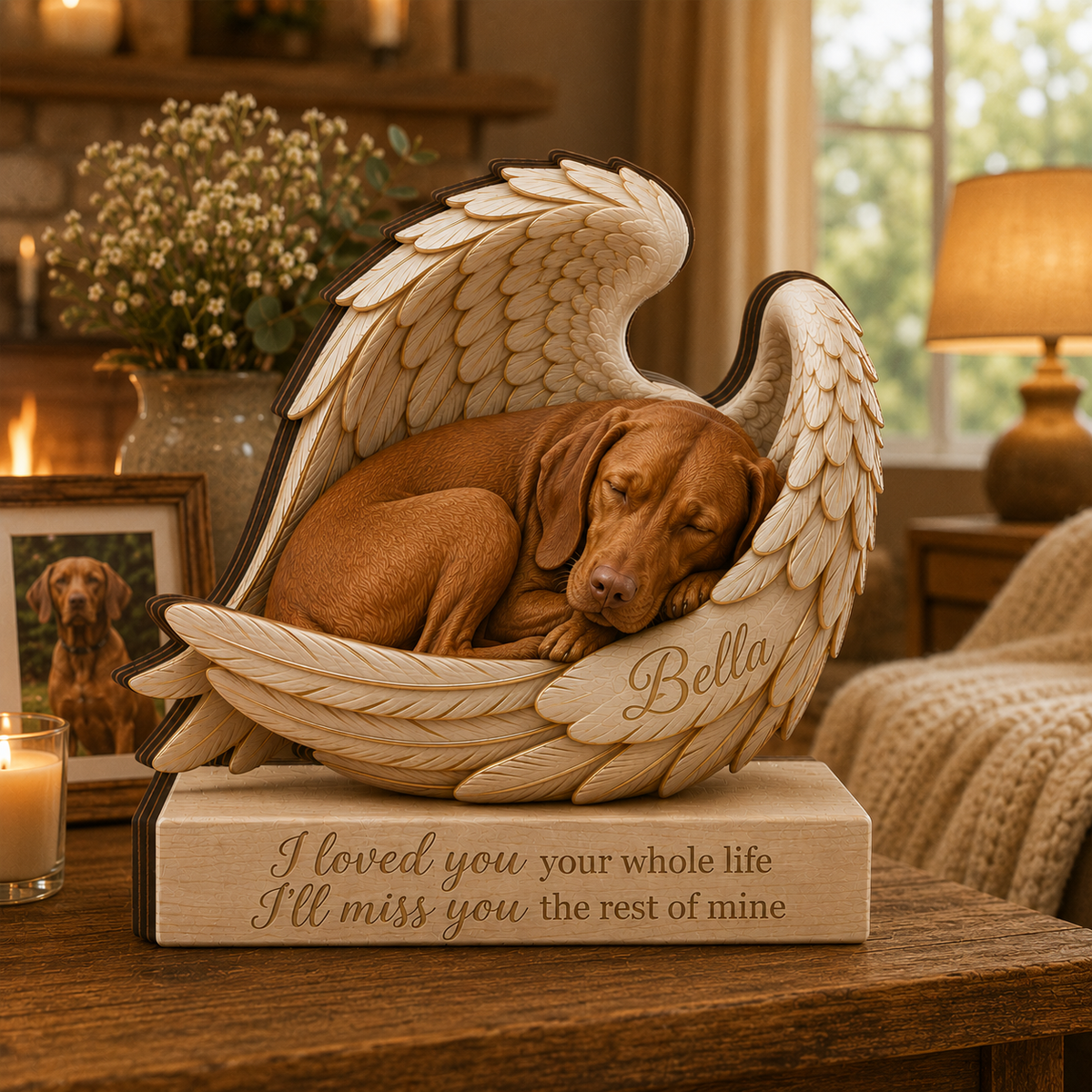Personalized Wood Vizsla Memorial Block: Custom Angel Wing Dog Portrait Stand, Pet Sympathy Gift