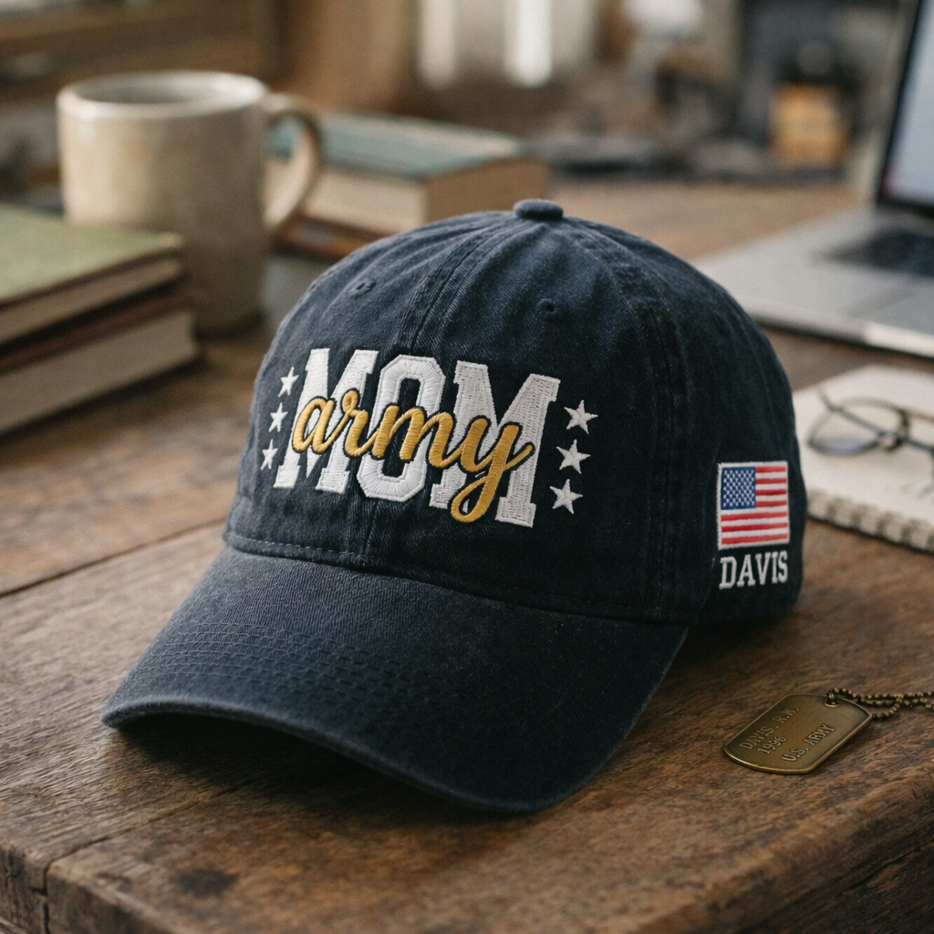 Army Mom Embroidered Washed Dad Cap, Custom Soldier Name Hat, Military Mother Gift, Distressed Army Hat, Personalized Military Cap