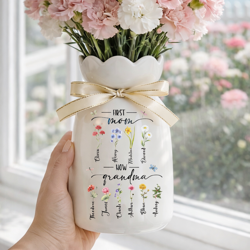 Custom First Mom Now Grandma Vase, Personalized Birth Month Flower Ceramic Jug, Mothers Day Gift For Nana, Grandma Garden Pitcher Decor