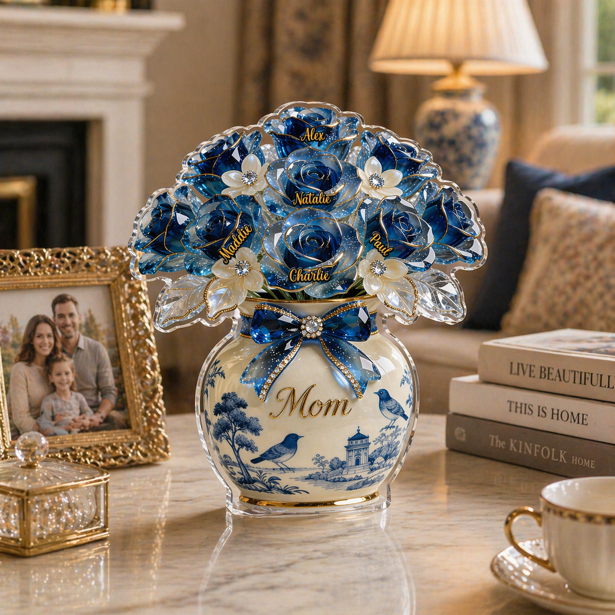 Custom Mother's Day Gift, Toile de Jouy Flower Bouquet Mom 3D Effect, Gift for Grandma, Personalized Flat Acrylic Block Plaque