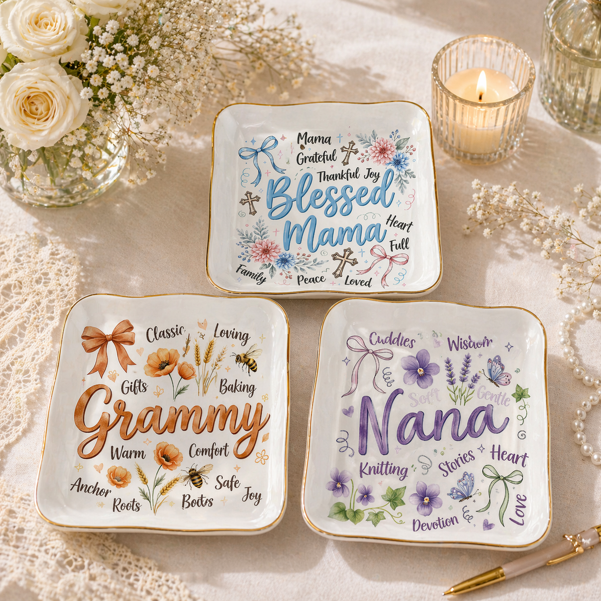 Personalized Mom Jewery Plate, Mothers Day Gift , Choose Your Design , Floral Mom Tee, Gift For Mom