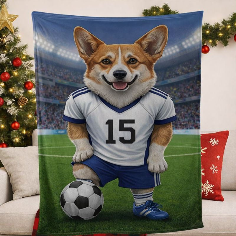 Custom Pet Sports Blanket | Personalized Dog Socer Fleece Throw | Pet Portrait Stadium Decor