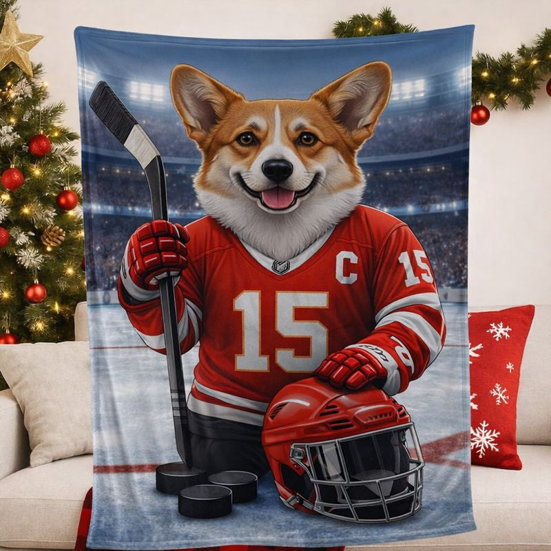 Custom Pet Sports Blanket | Personalized Dog Hockey Fleece Throw | Pet Portrait Stadium Decor