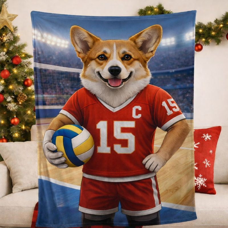 Custom Pet Sports Blanket | Personalized Dog Volleyball Fleece Throw | Pet Portrait Stadium Decor