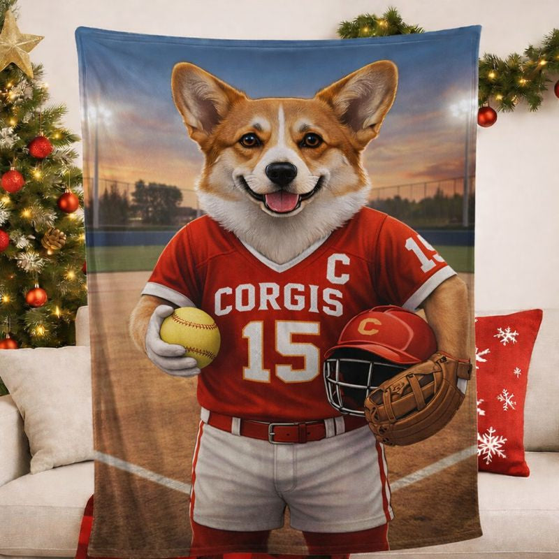 Custom Pet Sports Blanket | Personalized Dog Softball Fleece Throw | Pet Portrait Stadium Decor