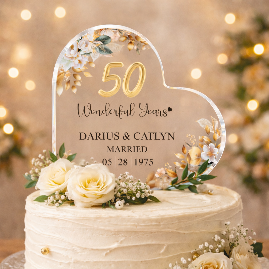 Personalized 50th Wedding Anniversary Cake Topper Heart Acrylic Plaque, Golden Anniversary Gifts, Gift For Parents, 50th Anniversary