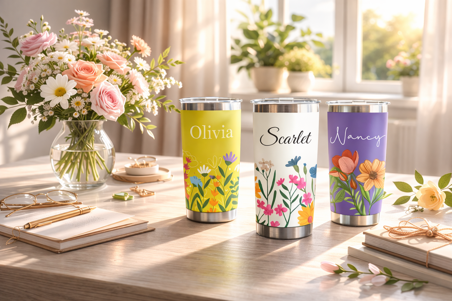 Floral Insulated Tumbler, Custom Name Cup Birthday/Valentine's Day/Mother's Day Gift for her, Personalized Teacher Appreciation Cup