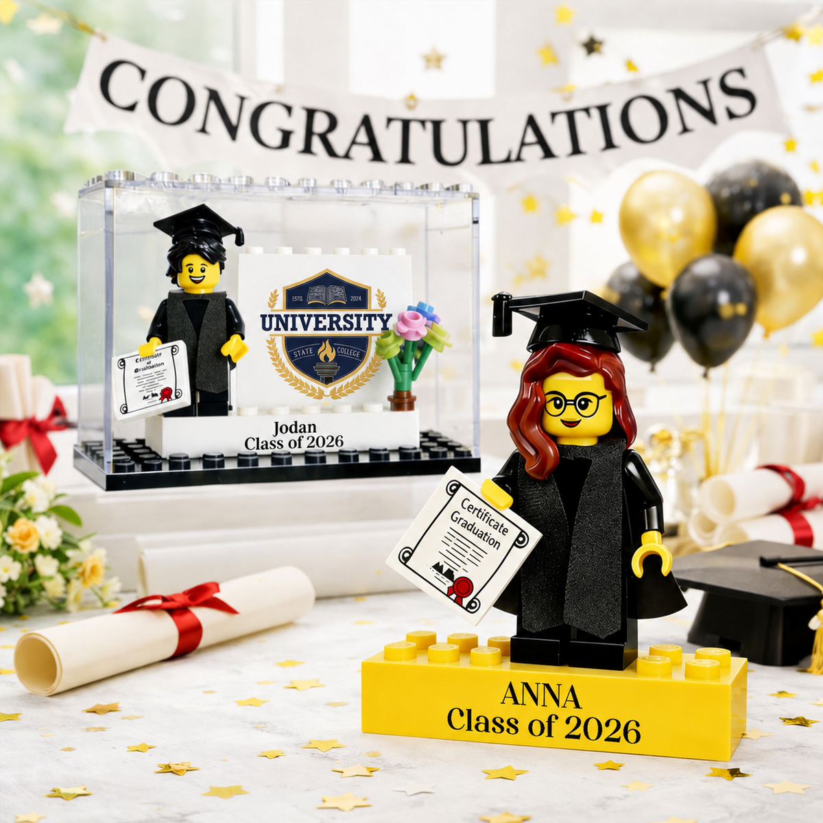 Personalized Minifigure Set with Custom Display Case, Custom Graduation Mini Figure, 2026 Graduation Gift, Funny Grad Gift for Him/Her