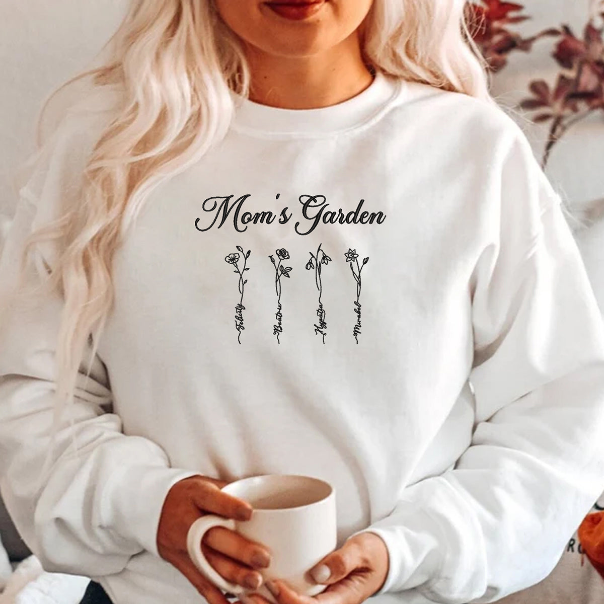 Personalized Birth Flower Mom Sweatshirt or Hoodie - Embroidered Shirt For Mom, Grandma, Mother's Day Gift