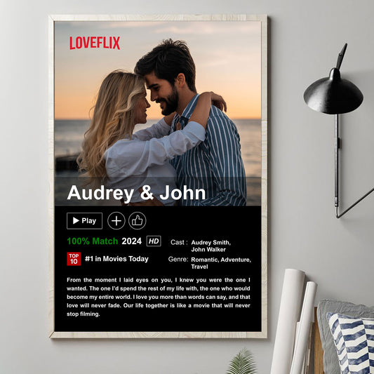 Custom Couples Photo Loveflix - Personalized Canvas - Gift For Couple, Anniversary, Valentine's Day Gift