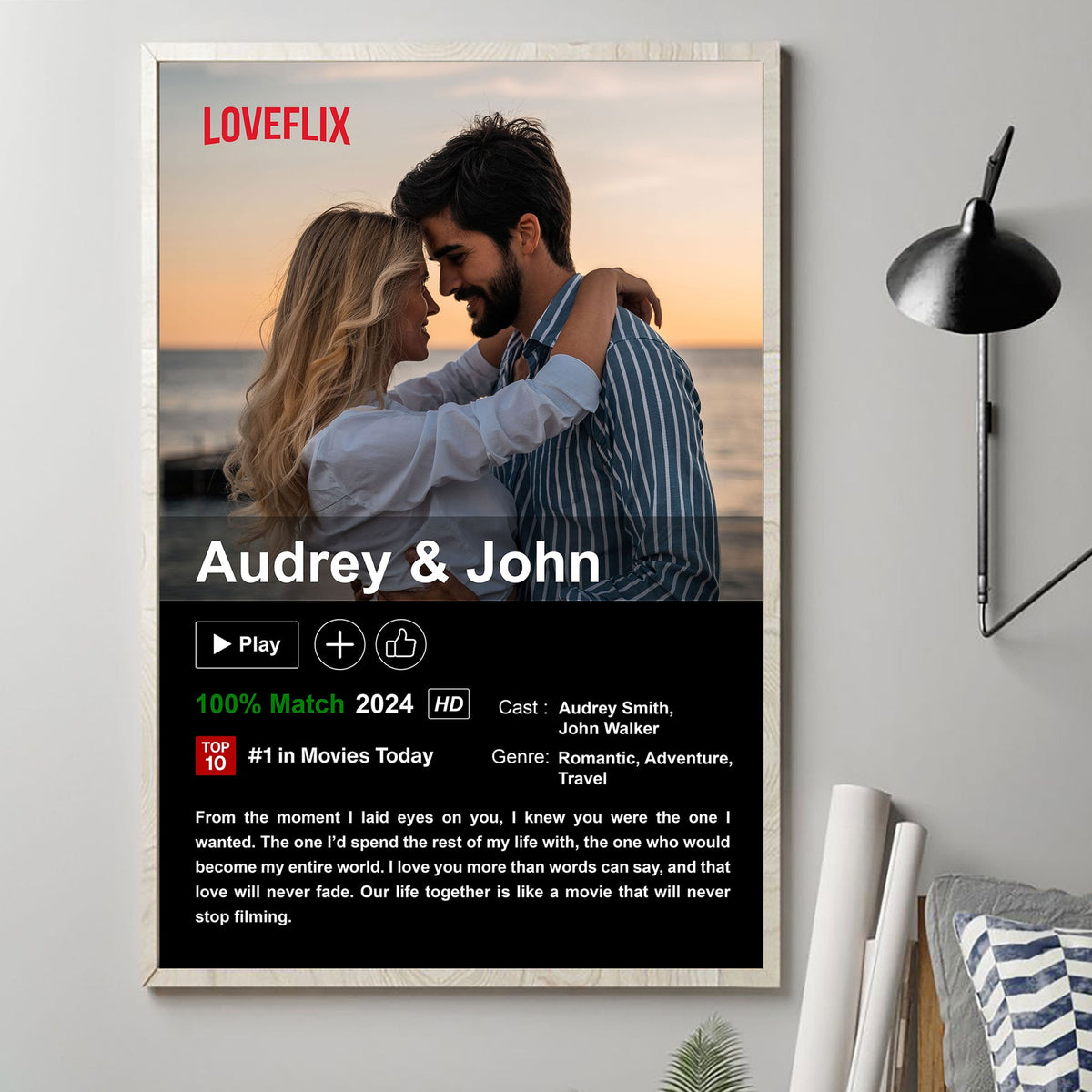 Custom Couples Photo Loveflix - Personalized Canvas - Gift For Couple, Anniversary, Valentine's Day Gift