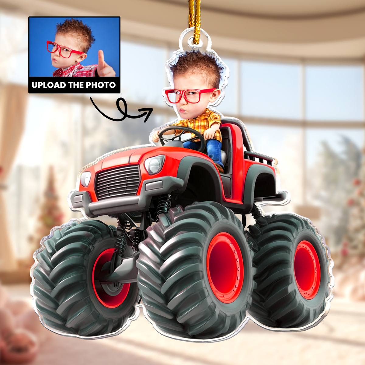 Custom Face Kid Riding Monster Truck - Gifts For Toddler, Kids - Personalized Acrylic Photo Ornament