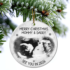 Custom Photo Baby Expecting See You In 2026 - Personalized Circle Ceramic Ornament