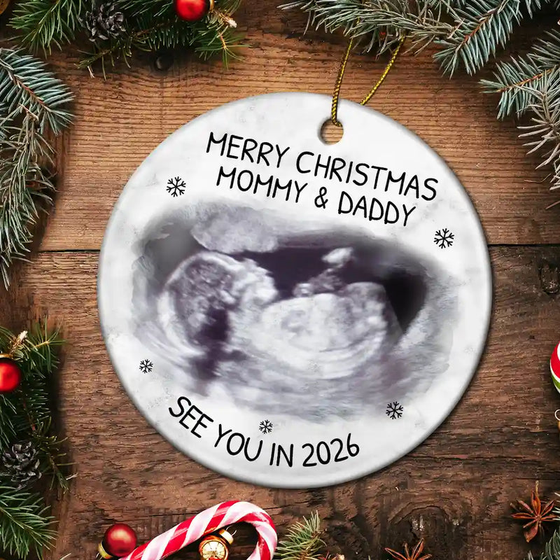 Custom Photo Baby Expecting See You In 2026 - Personalized Circle Ceramic Ornament