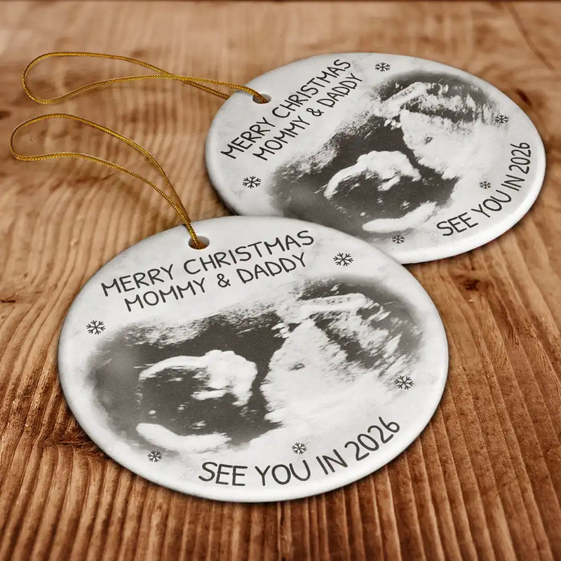 Custom Photo Baby Expecting See You In 2026 - Personalized Circle Ceramic Ornament