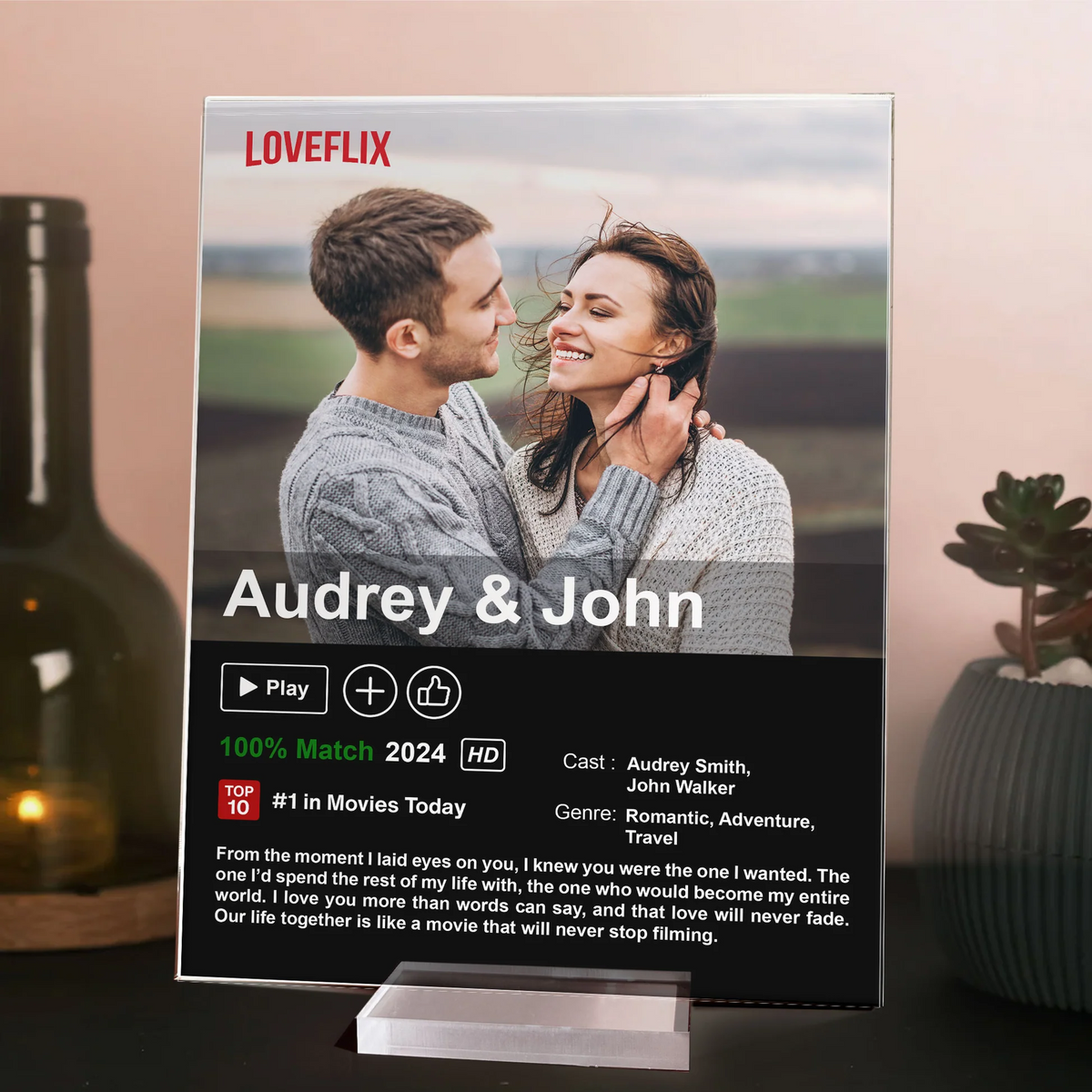 Custom Couples Photo Loveflix Movie Poster - Personalized Acrylic Plaque - Gift For Couple, Anniversary, Valentine's Day Gift