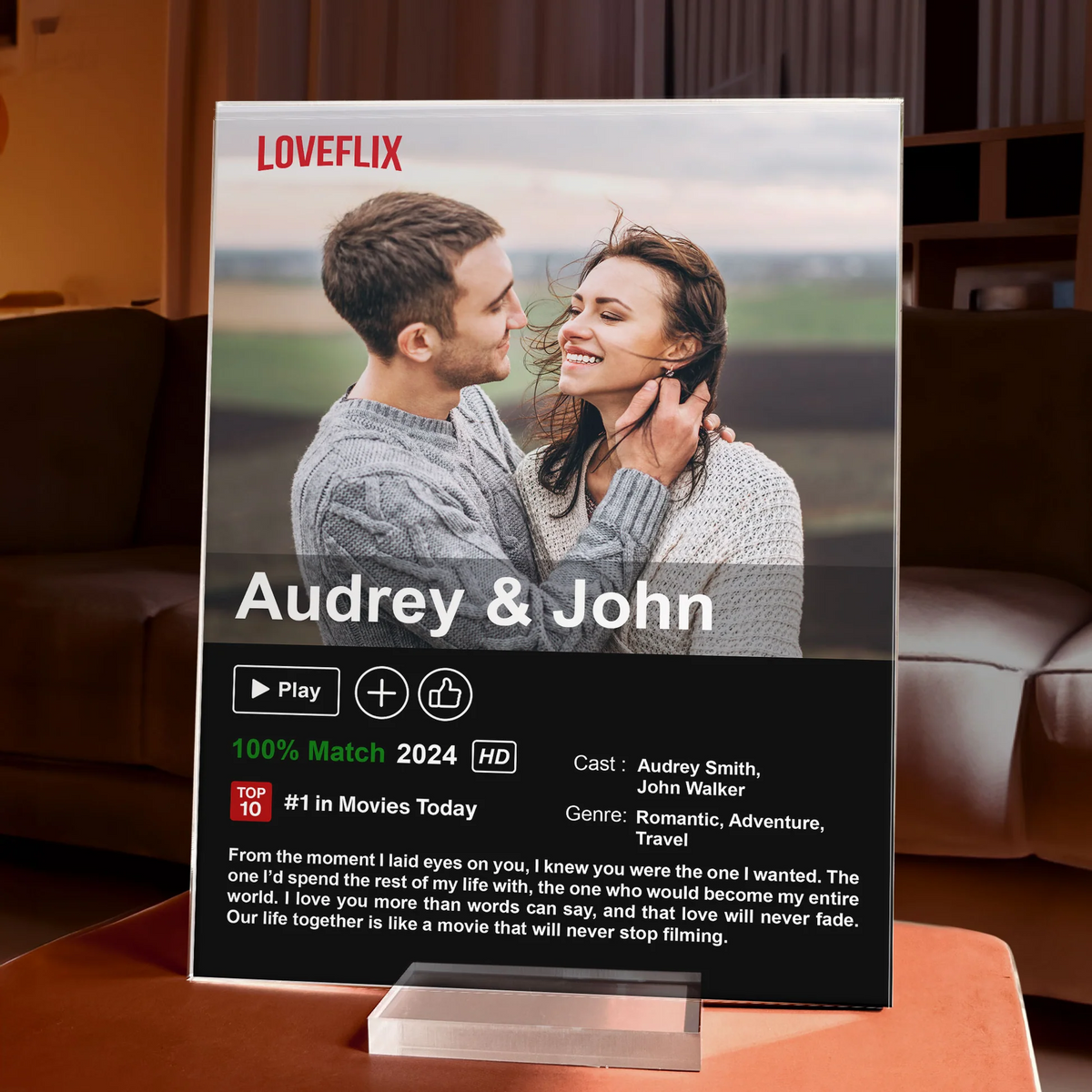 Custom Couples Photo Loveflix Movie Poster - Personalized Acrylic Plaque - Gift For Couple, Anniversary, Valentine's Day Gift