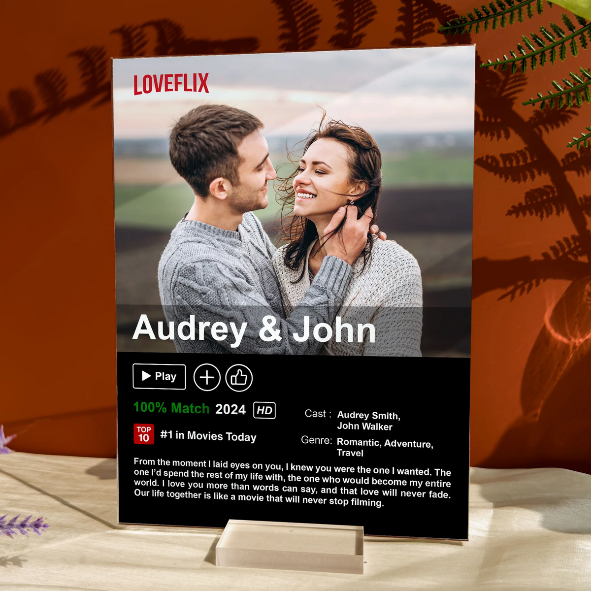 Custom Couples Photo Loveflix Movie Poster - Personalized Acrylic Plaque - Gift For Couple, Anniversary, Valentine's Day Gift