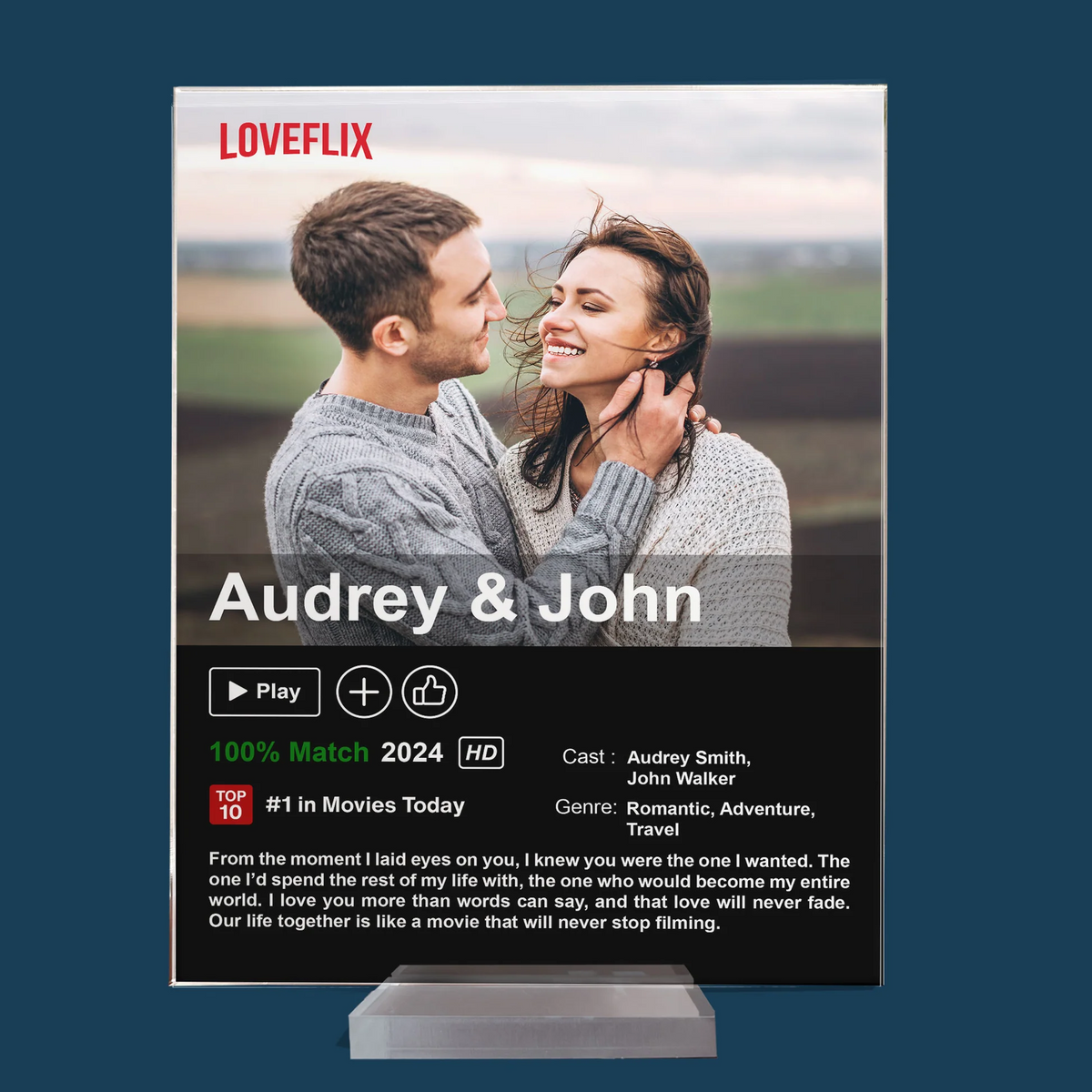 Custom Couples Photo Loveflix Movie Poster - Personalized Acrylic Plaque - Gift For Couple, Anniversary, Valentine's Day Gift
