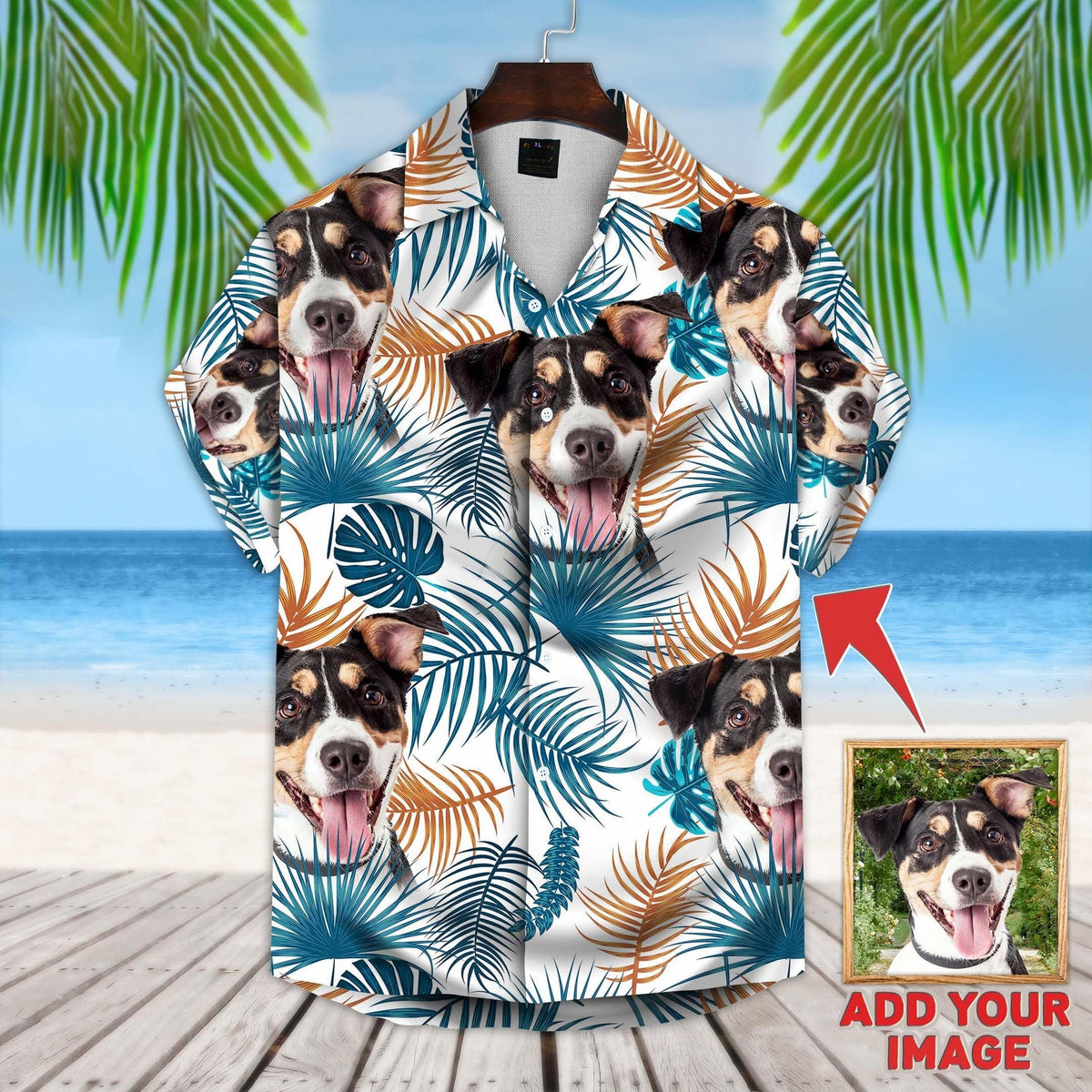 Custom Hawaiian Shirt With Pet Face, Personalized Gift For Pet Lovers, Leaves Pattern White Color Aloha Shirt CustomBlueLeavesPatternShort-SleeveHawaiianShirt.jpg?v=1716189209