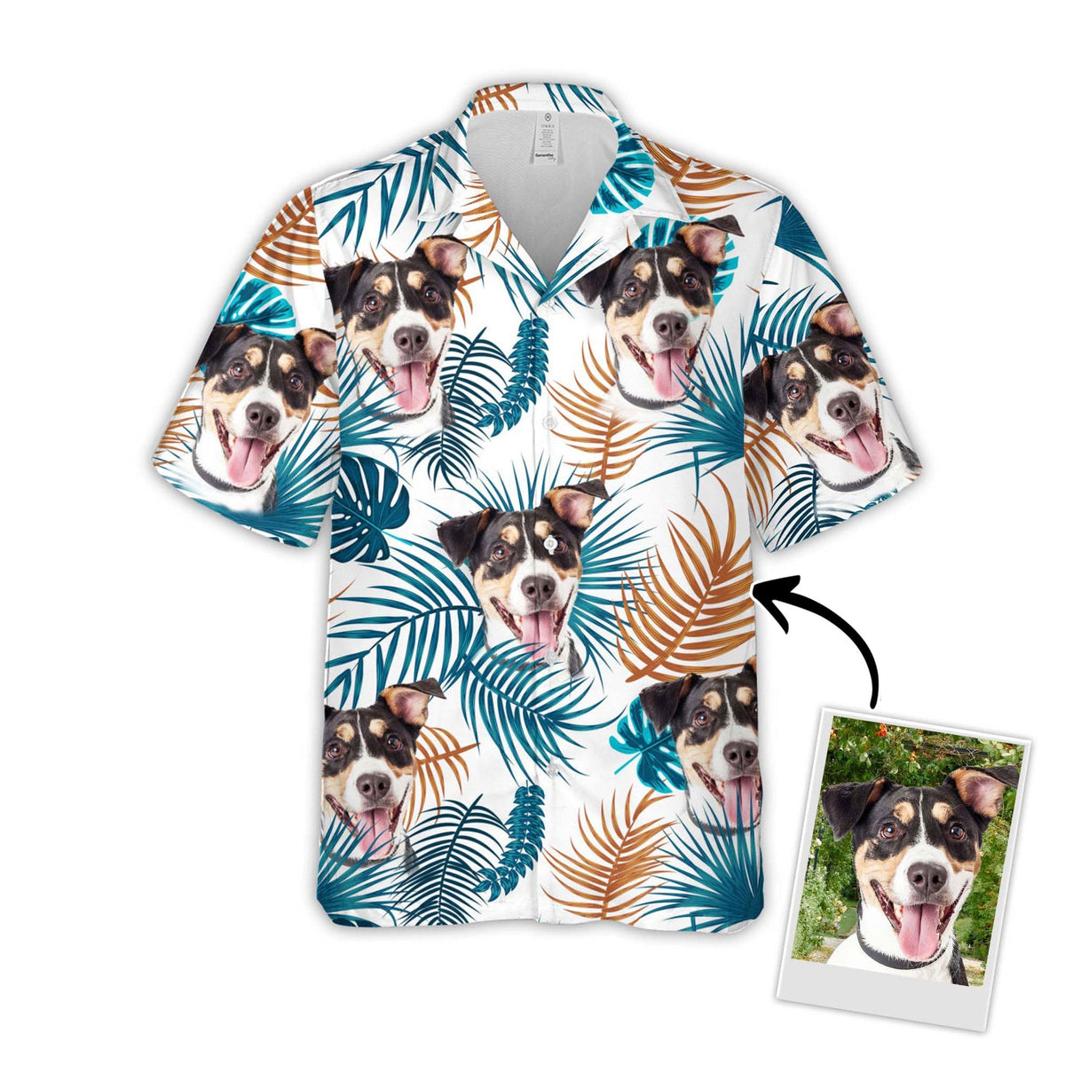 Custom Hawaiian Shirt With Pet Face, Personalized Gift For Pet Lovers, Leaves Pattern White Color Aloha Shirt CustomLeavesPatternShort-SleeveHawaiianShirt_WhiteColor.jpg?v=1716189209